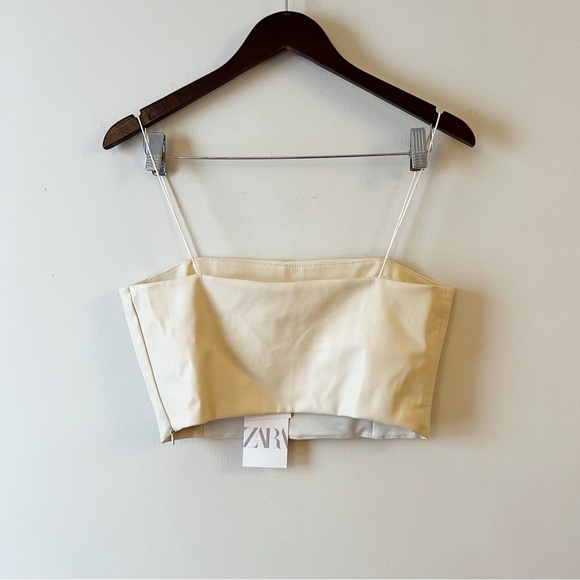 ZARA ECRU Beige FAUX LEATHER CROP TOP Spaghetti Straps Size Medium NEW - Picture 5 of 9